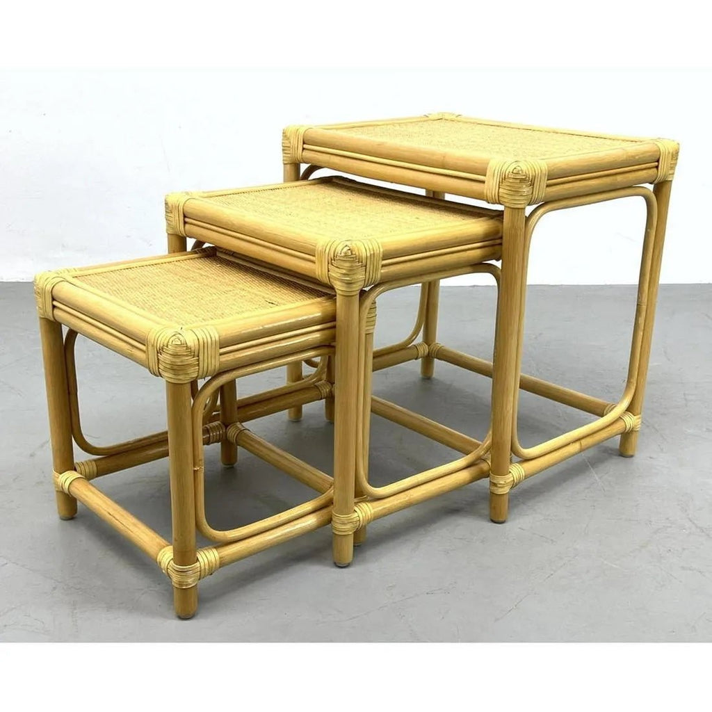 Small Rectangular Rattan Nesting Table Vintage Rattan Nesting Side Tables - POSH